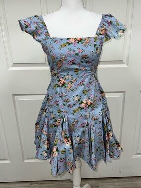 Mable Blue Floral Ruffle Sleeve Mini Dress Size S NWT